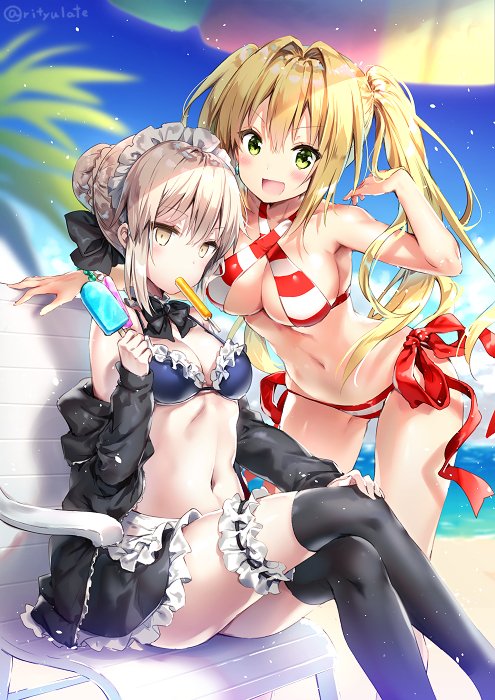 2girls apron artoria_pendragon_(swimsuit_rider_alter)_(fate) bangs bare_shoulders beach bikini black_bikini_top black_jacket black_legwear black_ribbon black_skirt blonde_hair blush braid breasts chair choker cleavage collarbone commentary_request day empty_eyes fate/extra fate/grand_order fate/stay_night fate_(series) food frilled_bikini_top frilled_choker frills green_eyes hair_bun hair_intakes hair_ribbon halterneck hips jacket leg_garter legs_crossed long_hair maid_headdress medium_breasts mouth_hold multiple_girls navel neck_ribbon nero_claudius_(swimsuit_caster)_(fate) ocean off_shoulder open_clothes open_jacket open_mouth outdoors palm_tree parasol popsicle red_bikini ribbon riichu shade side-tie_bikini side_braid sideboob silver_hair sitting skirt small_breasts smile striped striped_bikini sunlight swimsuit thighs tree twintails twitter_username umbrella waist waist_apron yellow_eyes