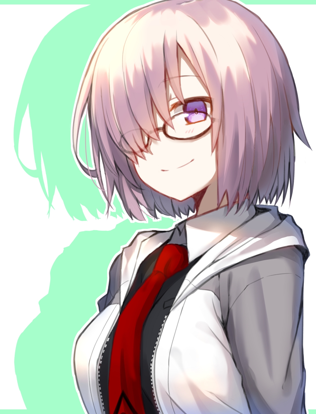 1girl black-framed_eyewear black_shirt fate/grand_order fate_(series) hair_over_one_eye highres hooeded_sweater necktie red_necktie shielder_(fate/grand_order) shiime shirt short_hair silver_hair smile solo standing sweater unzipped upper_body violet_eyes white_sweater