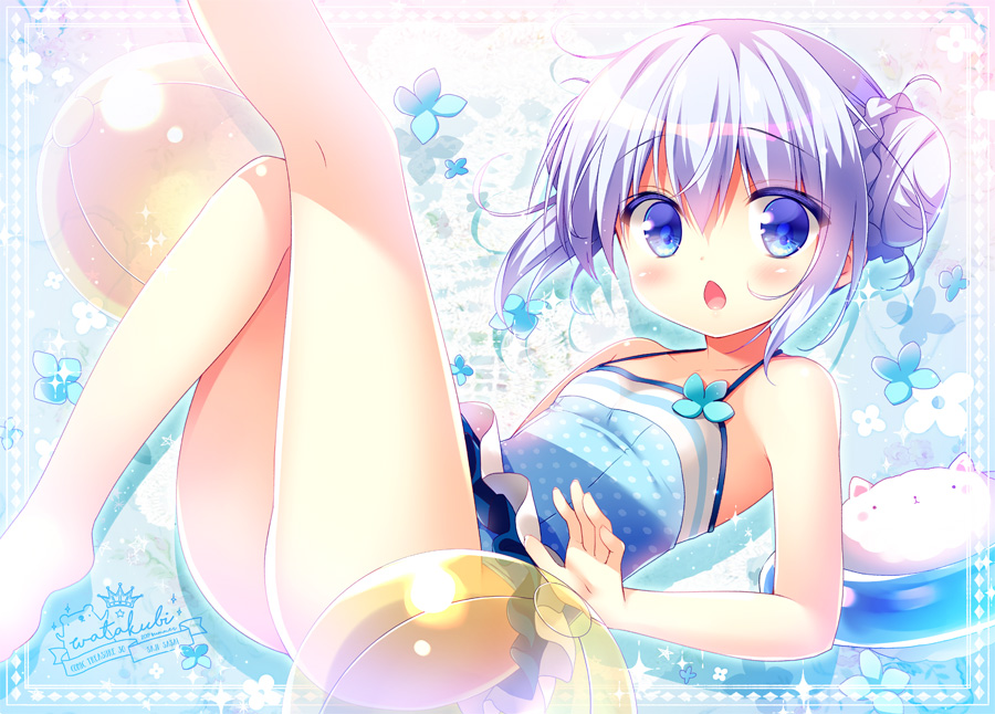 1girl :o angora_rabbit ball bangs bare_arms bare_legs bare_shoulders barefoot beachball blue_eyes blue_hair blue_swimsuit blush breasts chestnut_mouth collarbone double_bun eyebrows_visible_through_hair foreshortening gochuumon_wa_usagi_desu_ka? halterneck innertube kafuu_chino knee_up leg_up legs looking_at_viewer open_mouth polka_dot polka_dot_swimsuit rabbit sasai_saji short_hair small_breasts sparkle swimsuit tareme tippy_(gochiusa) transparent