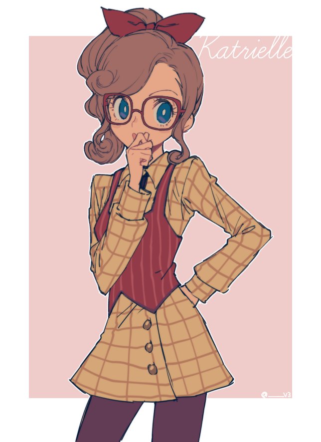 1girl blue_eyes bow bright_pupils brown_hair character_name glasses hair_bow hand_on_hip katrielle_layton layton's_mystery_journey ponytail professor_layton solo tweed waistcoat