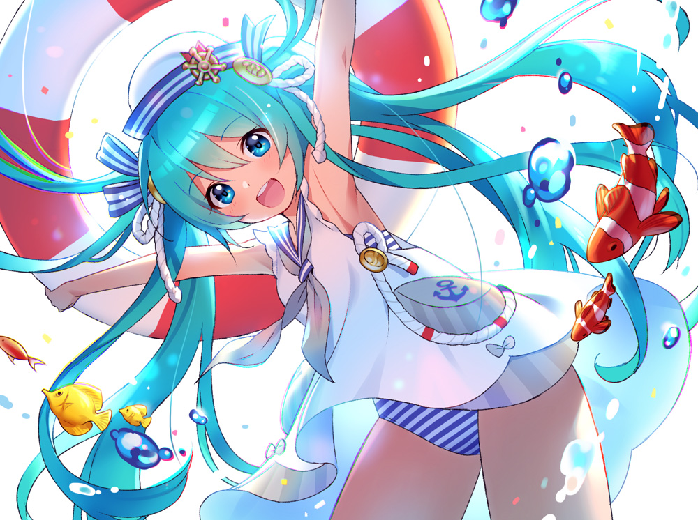 1girl :d anchor_symbol aqua_hair armpits blue_eyes chiericyan eyebrows_visible_through_hair fish hat hatsune_miku long_hair looking_at_viewer open_mouth outstretched_arms ribbon sailor_collar smile solo standing striped striped_ribbon striped_swimsuit swimsuit swimsuit_under_clothes twintails vocaloid white_background
