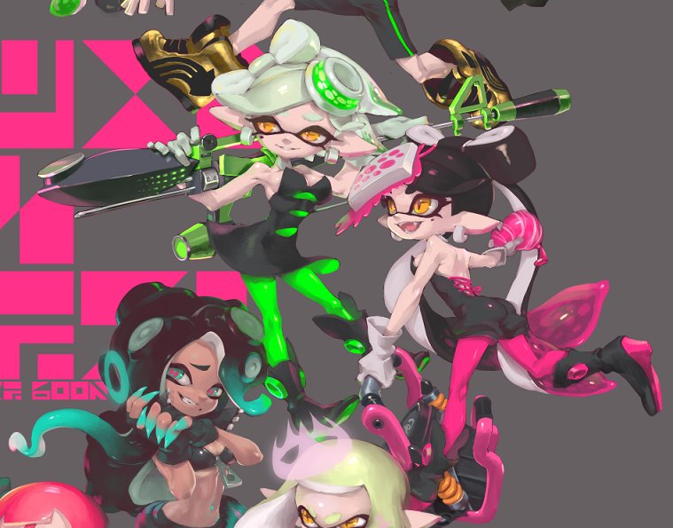 aori_(splatoon) breasts dark_skin domino_mask fangs fingerless_gloves food food_on_head gloves green_legwear hime_(splatoon) hotaru_(splatoon) iida_(splatoon) long_hair mask mole mole_under_eye mole_under_mouth object_on_head octarian open_mouth pani_spla pointy_ears short_jumpsuit siblings sisters smile splatoon splatoon_2 squidbeak_splatoon tentacle_hair zipper