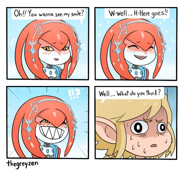 1boy 1girl blush english fins fish_girl hair_ornament jewelry link long_hair mipha monster_girl multicolored multicolored_skin no_eyebrows red_skin redhead smile the_legend_of_zelda the_legend_of_zelda:_breath_of_the_wild yellow_eyes zora