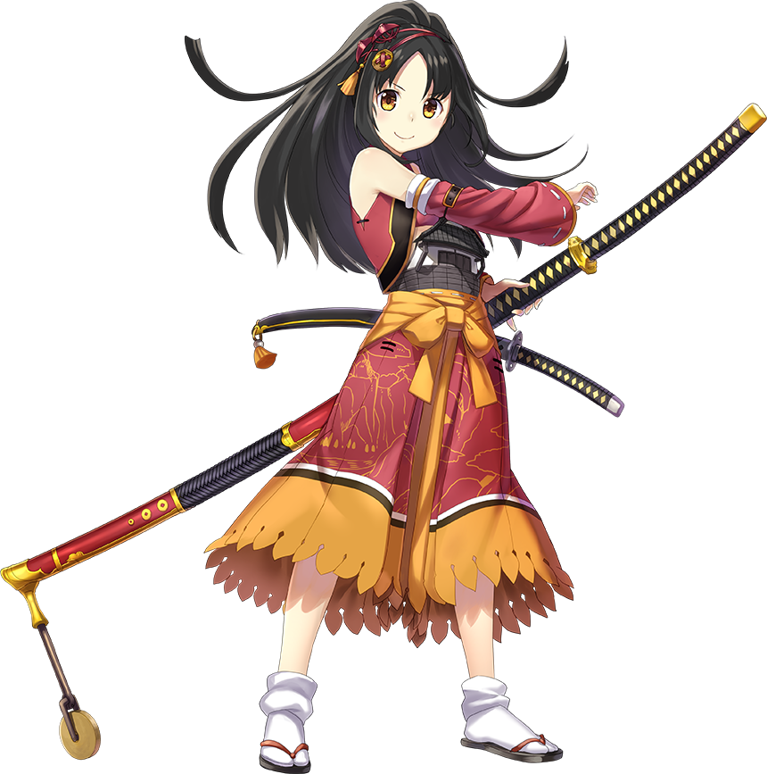 1girl artist_request black_hair detached_sleeves full_body hair_ornament hairband high_ponytail holding holding_sword holding_weapon katana long_hair official_art oshiro_project oshiro_project_re sheath sheathed smile sword transparent_background weapon yagyuu_(oshiro_project) yellow_eyes