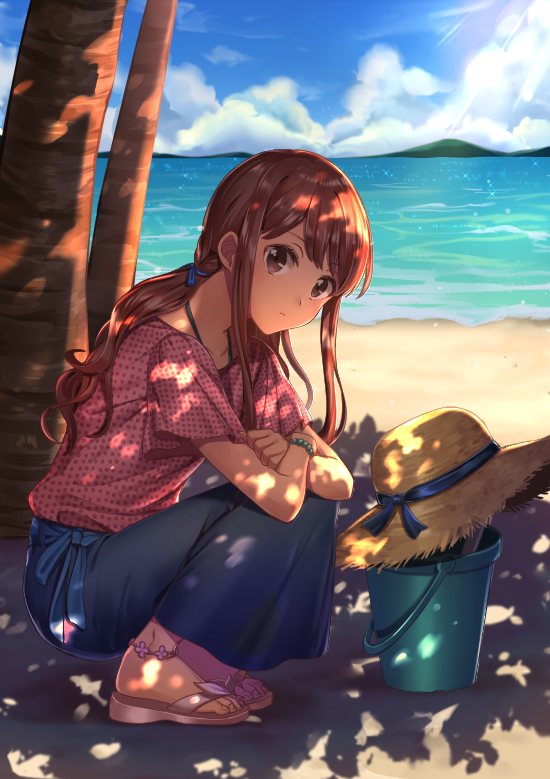 1girl beach blouse blue_ribbon blue_skirt blue_sky bracelet brown_eyes brown_hair bucket closed_mouth clouds cloudy_sky dappled_sunlight day fate/extra fate/extra_ccc fate_(series) from_side full_body hat hat_removed hat_ribbon headwear_removed jewelry kishinami_hakuno_(female) legs_together light_frown long_hair long_skirt looking_at_viewer ocean outdoors palm_tree pink_blouse ribbon sand sandals short_sleeves sitting skirt sky solo sorao_(ichhimo) straw_hat sun_hat sunlight tree water