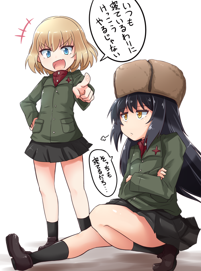 alternate_costume bangs black_hair black_legwear black_shoes black_skirt blonde_hair blue_eyes brown_eyes brown_hat check_translation closed_mouth cossack_dance crossed_arms emblem eyebrows_visible_through_hair full_body fur_hat girls_und_panzer green_jacket hand_on_hip hat jacket katyusha kitayama_miuki light_frown loafers long_hair long_sleeves looking_at_another miniskirt open_mouth pleated_skirt pointing pointing_at_viewer pravda_school_uniform red_shirt reizei_mako school_uniform shirt shoes short_hair sigh simple_background skirt smile socks squatting standing translation_request turtleneck ushanka white_background