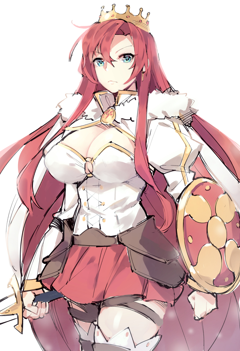 1girl boudica_(fate/grand_order) breasts cleavage crown fate/grand_order fate_(series) fur_trim gebyy-terar green_eyes juliet_sleeves large_breasts long_hair long_sleeves looking_at_viewer puffy_sleeves redhead shield simple_background sketch skirt solo sword thigh-highs weapon white_background zettai_ryouiki