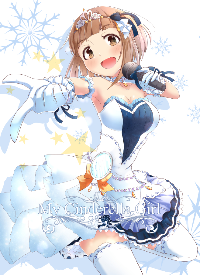 1girl bare_shoulders blush breasts brown_eyes brown_hair cleavage dress gloves idolmaster idolmaster_cinderella_girls idolmaster_cinderella_girls_starlight_stage kitami_yuzu looking_at_viewer microphone open_mouth pocket_watch pointing ram_hachimin short_hair smile solo starry_sky_bright thigh-highs tiara watch white_gloves white_legwear