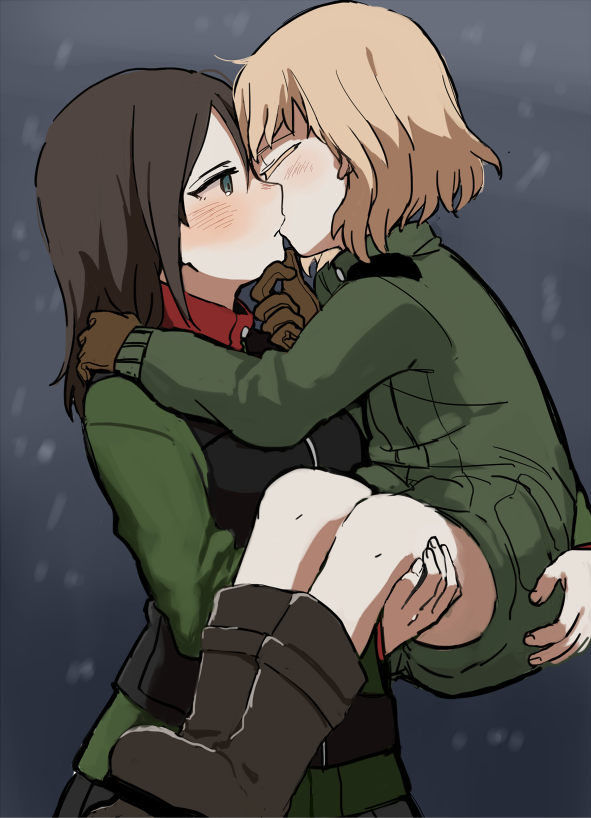 2girls bangs black_boots black_hair black_skirt black_vest blonde_hair blue_eyes boots brown_gloves carrying chikiso closed_eyes girls_und_panzer gloves green_jacket green_jumpsuit jacket katyusha kiss long_hair long_sleeves looking_at_another military military_uniform multiple_girls night night_sky nonna pleated_skirt pravda_military_uniform princess_carry red_shirt shirt short_hair short_jumpsuit skirt sky standing star_(sky) starry_sky swept_bangs turtleneck uniform upper_body vest yuri