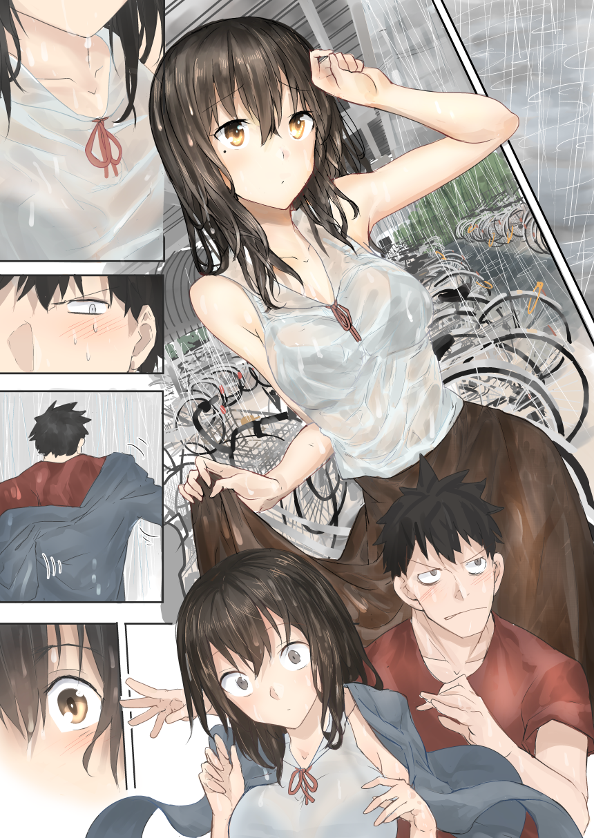 1boy 1girl araido_kagiri bare_arms bare_shoulders bicycle black_hair bra breasts brown_hair close-up closed_mouth comic commentary_request day dutch_angle eyes ground_vehicle highres jacket jacket_on_shoulders jacket_removed long_sleeves looking_afar original outdoors rain see-through shirt short_hair silent_comic skirt sleeveless sleeveless_shirt sweat sweating_profusely underwear wet wet_clothes wet_hair yellow_eyes