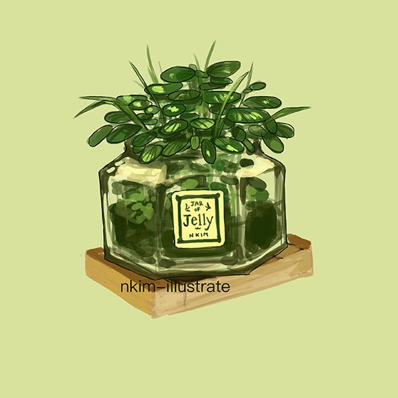artist_name english green green_background jar label nadia_kim original plant see-through