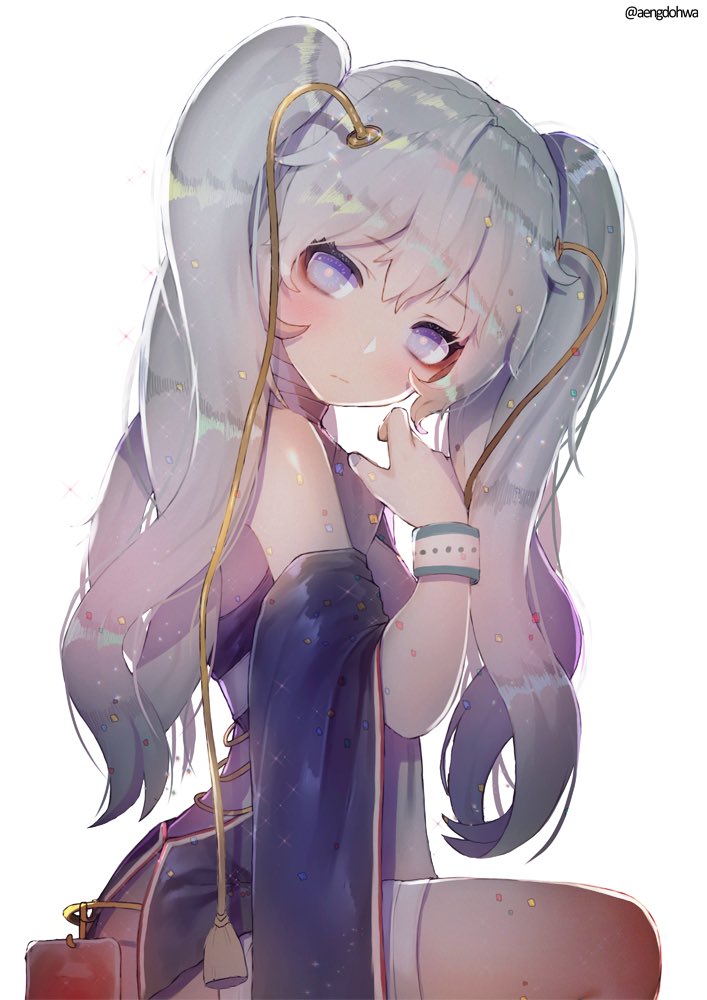 1girl bags_under_eyes bandage bandaged_leg bandaged_neck bangs bare_shoulders blue_eyes blush closed_mouth commentary_request confetti dress expressionless eyebrows_visible_through_hair from_side girls_frontline hair_between_eyes hanato_(seonoaiko) hand_up head_tilt intravenous_drip long_hair looking_at_viewer nail_polish ribeyrolles_1918_(girls_frontline) side_slit silver_hair simple_background sitting solo sparkle tassel thighs tsurime twitter_username very_long_hair wavy_hair white_background white_hair wristband