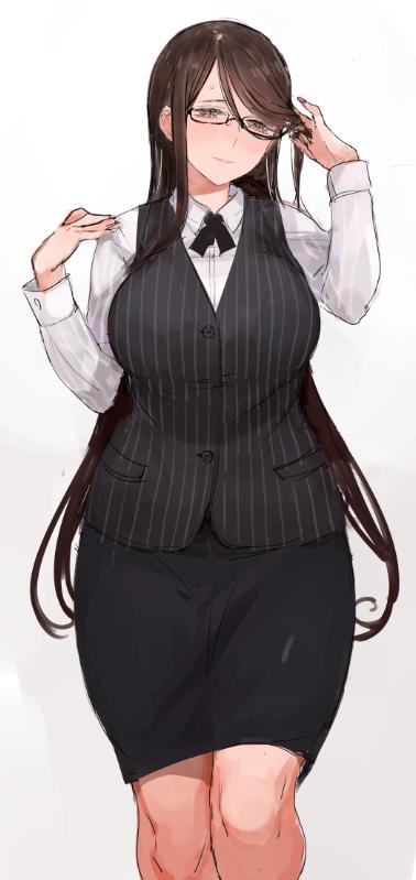 1girl breasts brown_eyes brown_hair c.cu curvy formal glasses gradient gradient_background large_breasts light_smile long_hair looking_at_viewer original pink_background pinstripe_suit skirt smile solo striped suit thighs wide_hips