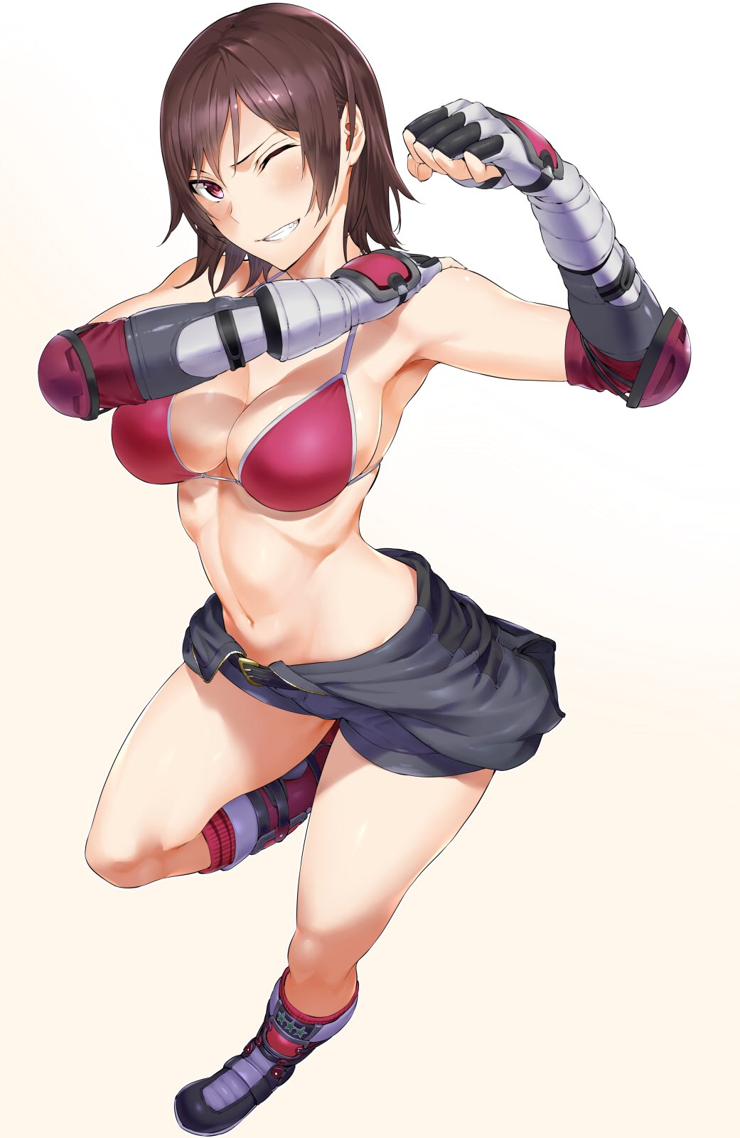 1girl arm_up armpits belt bikini_top black_clothes black_shorts boots breasts brown_hair cleavage clothes_around_waist elbow_pads fingerless_gloves foreshortening full_body gloves gradient gradient_background grin hand_on_own_shoulder highres hiiragi_yuuichi kazama_asuka knee_boots kneehighs large_breasts looking_at_viewer midriff navel red_boots red_legwear shirt_around_waist short_hair short_shorts shorts simple_background smile solo standing standing_on_one_leg stomach teeth tekken violet_eyes white_background
