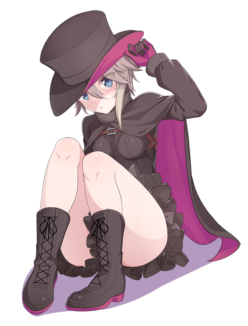 1girl ange_(princess_principal) black_boots black_cape black_gloves black_hat blue_eyes boots braid breasts cape convenient_leg cross-laced_footwear gloves grey_hair hand_up hat konnyaku_(kk-monmon) looking_at_viewer medium_breasts princess_principal purple_cape short_hair simple_background sitting skirt solo white_background