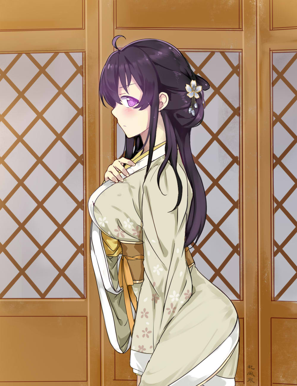 1girl ahoge artist_name beifeng_han black_hair breasts chinese_clothes commentary_request flower hair_between_eyes hair_flower hair_ornament hanfu highres large_breasts looking_at_viewer miyaura_sanshio obi original profile sash solo violet_eyes