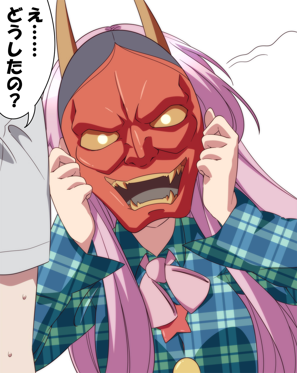 1boy 1girl bow bowtie hata_no_kokoro highres jeno long_hair long_sleeves mask oni_mask pink_hair plaid plaid_shirt shirt sweatdrop touhou translation_request