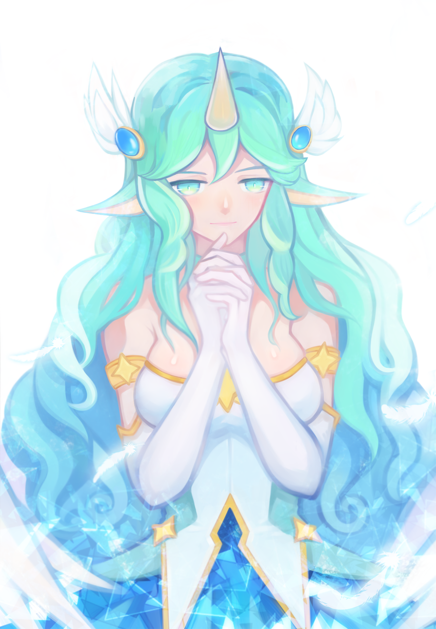 1girl alternate_costume alternate_hair_color alternate_hair_length alternate_hairstyle aqua_hair armlet blue_eyes breasts cleavage elbow_gloves gloves hair_wings hands_together highres horn kiio league_of_legends looking_at_viewer medium_breasts pointy_ears sketch solo soraka star_guardian_soraka white_gloves