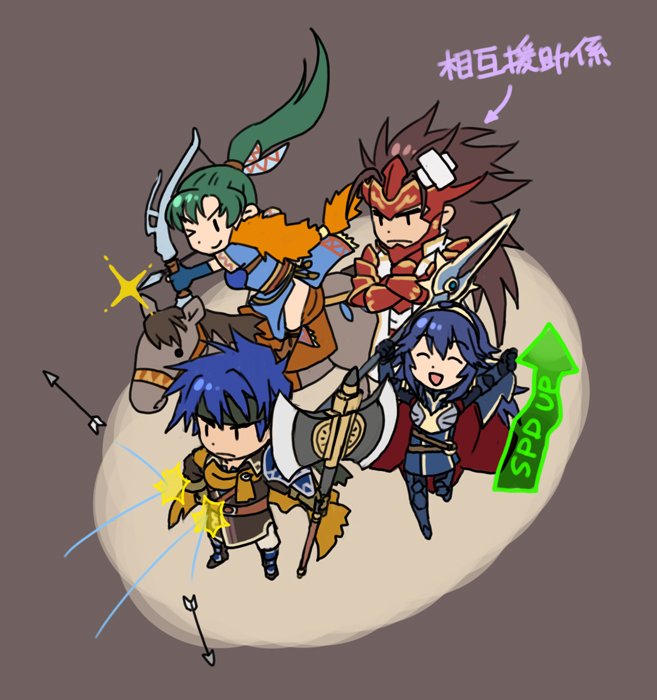 2boys 2girls armor armored_boots axe blue_eyes blue_hair boots bow_(weapon) brown_eyes brown_hair chibi closed_eyes collarbone cosplay dress earrings fingerless_gloves fire_emblem fire_emblem:_kakusei fire_emblem:_rekka_no_ken fire_emblem:_souen_no_kiseki fire_emblem_heroes fire_emblem_if gameplay_mechanics gloves green_eyes green_hair greil greil_(cosplay) headband high_ponytail horse ike jewelry long_hair lucina lyndis_(fire_emblem) multiple_boys multiple_girls one_eye_closed open_mouth ponytail red_armor ryouma_(fire_emblem_if) short_hair smile spiky_hair sword very_long_hair weapon