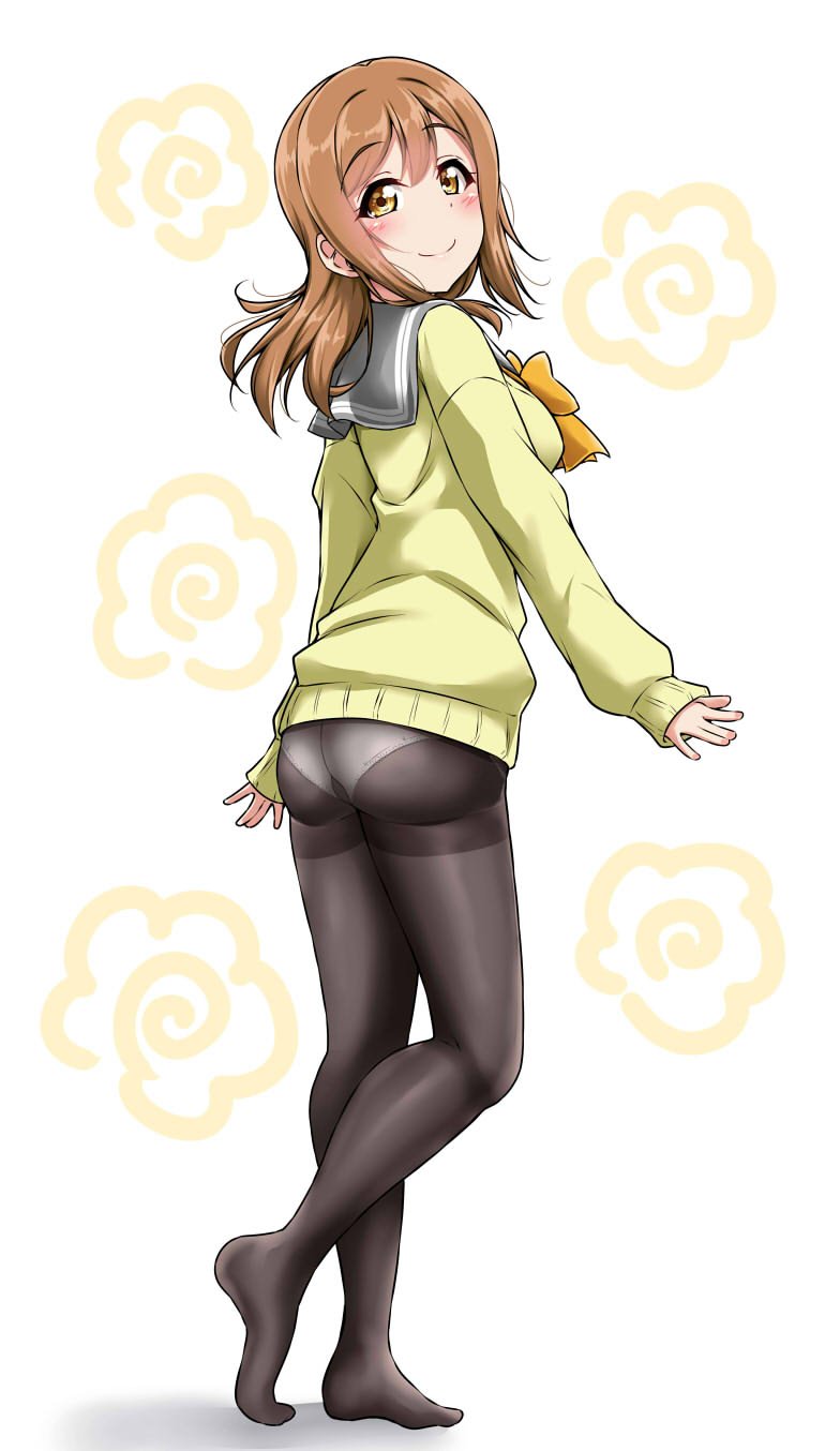 1girl \||/ ass bangs black_legwear blush bow bowtie brown_eyes brown_hair cardigan commentary_request highres kunikida_hanamaru long_sleeves looking_at_viewer looking_back love_live! love_live!_sunshine!! no_pants no_shoes panties panties_under_pantyhose pantyhose simple_background smile solo standing thighband_pantyhose underwear white_background yellow_bow yellow_bowtie yellow_cardigan yopparai_oni