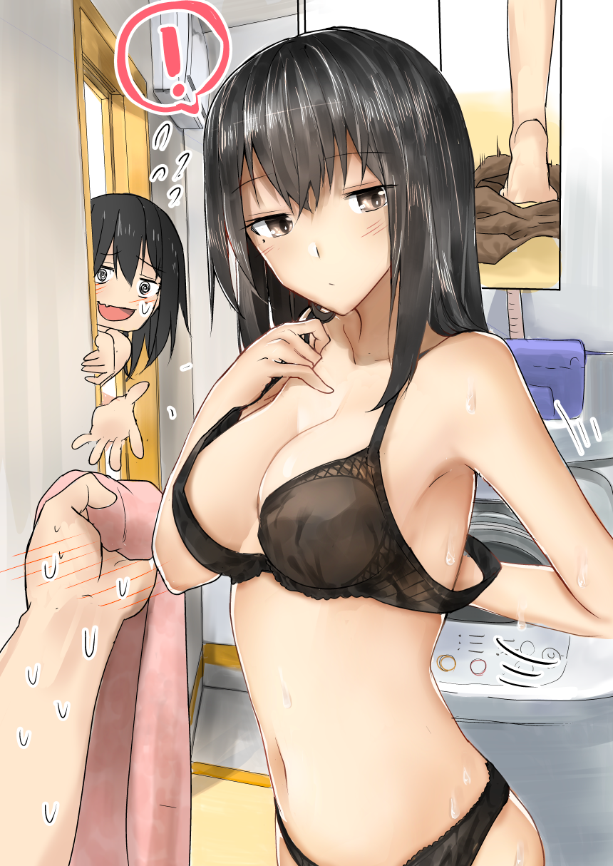 ! @_@ araido_kagiri armpits black_bra black_hair black_panties blush bra breasts brown_eyes cleavage comic commentary flying_sweatdrops highres looking_at_viewer mole original panties peeking_out pov_hand short_hair sweat sweatdrop towel underwear undressing washing_machine