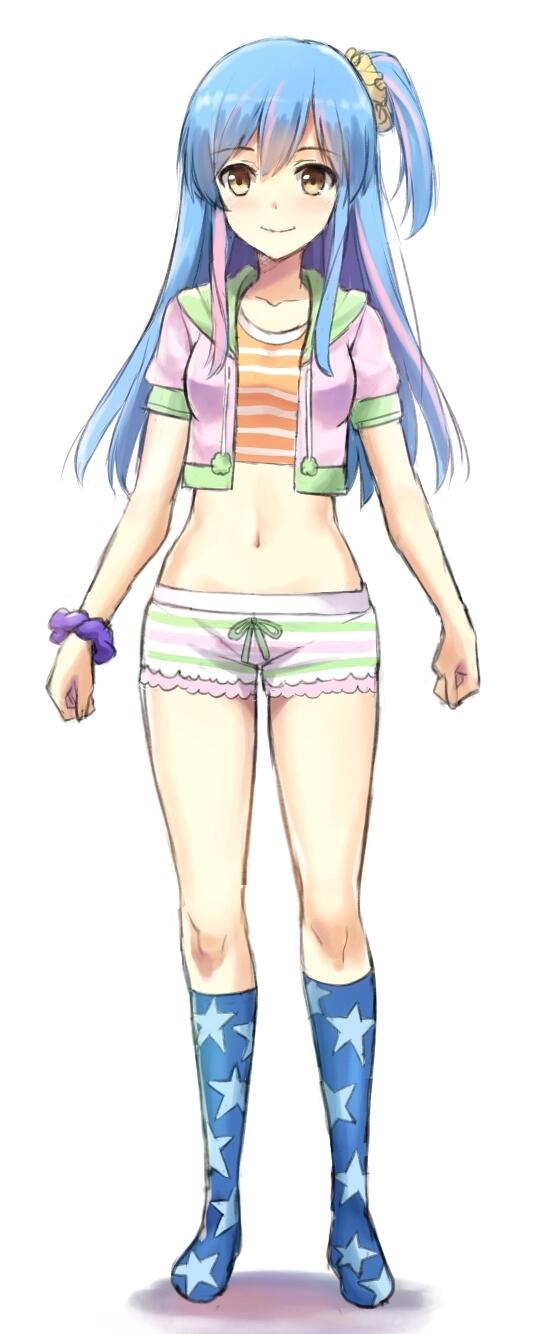 1girl bangs bare_legs blue_hair blush bracelet breasts closed_mouth cropped_jacket full_body highres jewelry light_brown_eyes looking_at_viewer medium_breasts midriff multicolored_hair navel one_side_up orange_shirt pink_jacket shirt short_shorts short_sleeves shorts simple_background smile socks solo standing star star_print streaked_hair striped striped_shirt striped_shorts tonee white_background