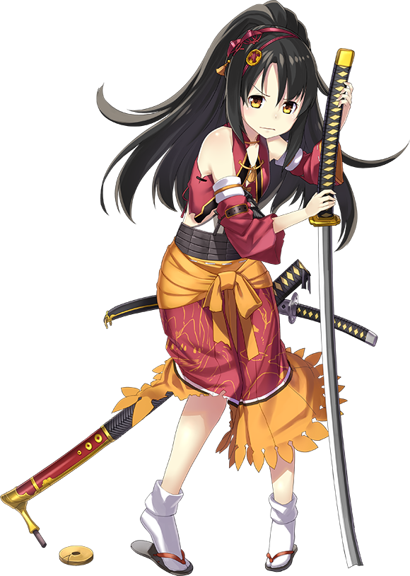 1girl artist_request black_hair detached_sleeves full_body hair_ornament high_ponytail holding holding_sword holding_weapon katana long_hair official_art oshiro_project oshiro_project_re sheath sheathed sword torn_clothes transparent_background unsheathed weapon yagyuu_(oshiro_project) yellow_eyes