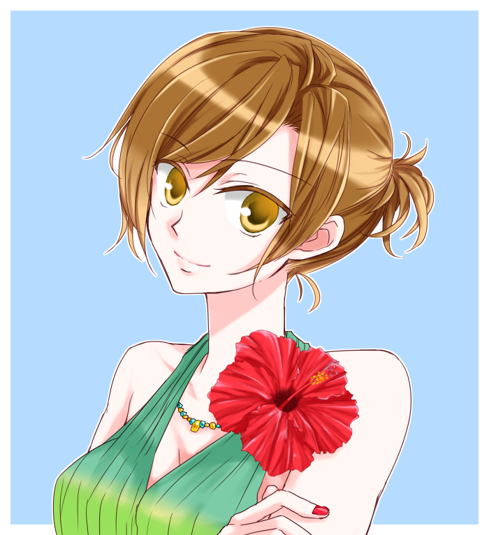 1girl breasts brown_hair cleavage collarbone flower head_tilt hibiscus jewelry medium_breasts meiko nail_polish necklace red_flower red_nails short_hair short_ponytail smile solo sorano_namida upper_body vocaloid yellow_eyes