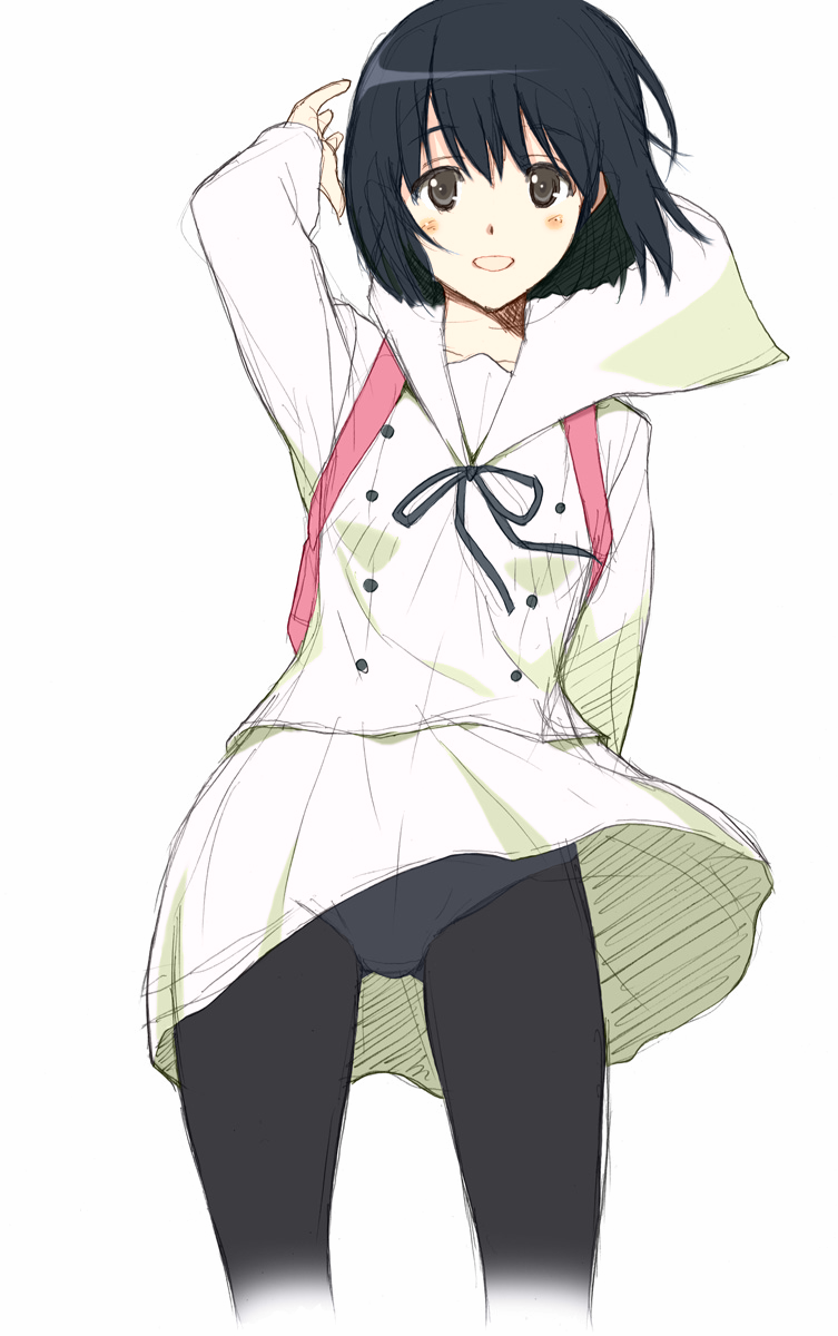 1girl black_eyes black_hair black_legwear collarbone colorized hand_in_hair kokoro_ga_sakebitagatterunda. naruse_jun pantyhose school_uniform shichimenchou short_hair skirt solo standing