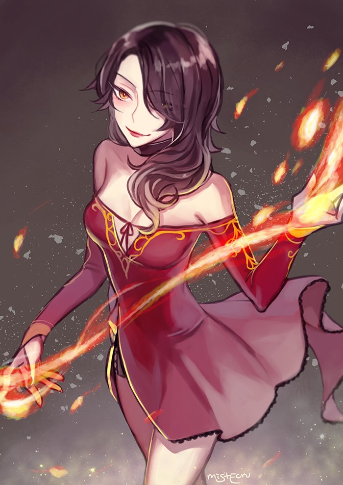 1girl breasts cinder_fall cleavage commentary_request dress ecru fire hair_over_one_eye magic red_dress rwby sleeveless sleeveless_dress solo