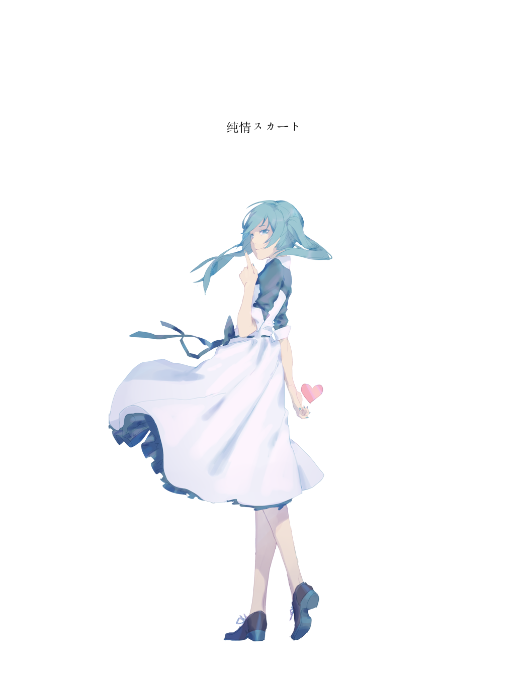 1girl bangs black_shoes blue_eyes blue_hair closed_mouth copyright_name from_side full_body hand_up hatsune_miku heart highres index_finger_raised junjou_skirt_(vocaloid) light_smile long_hair looking_at_viewer shoes sidelocks simple_background skirt sleeves_rolled_up smile solo song_name spencer_sais standing twintails vocaloid white_background white_skirt