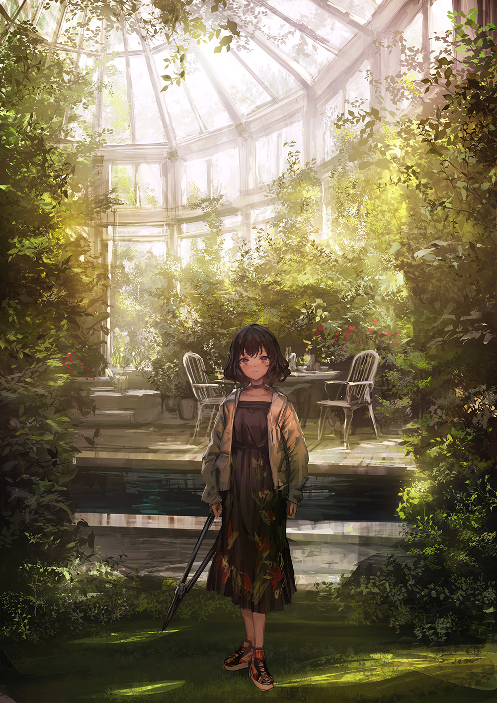 1girl bangs black_dress black_hair blush bob_cut brown_eyes day dress greenhouse highres holding jacket light_smile lm7_(op-center) looking_at_viewer open_clothes open_jacket original plant scenery shoes sneakers solo standing sunlight violet_eyes