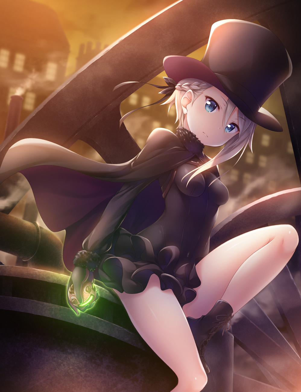 1girl ange_(princess_principal) black_boots black_cape black_hat blue_eyes boots braid breasts brown_hair cape closed_mouth cross-laced_footwear eyebrows_visible_through_hair frown fur_collar gloves glowing hair_between_eyes hat head_tilt highres holding house medium_breasts night outdoors princess_principal sitting smoke solo top_hat yuurei_yashiki
