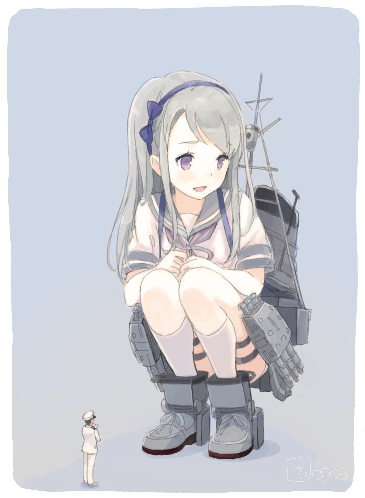 1boy 1girl admiral_(kantai_collection) artist_name blue_background blue_headband blush crow's_nest from_behind giantess gloves grey_shoes hands_on_own_knees jacket kantai_collection kneeling kokudou_juunigou long_hair looking_at_viewer mast navel pants rigging sagiri_(kantai_collection) sailor_collar school_uniform serafuku shoes short_sleeves silver_hair simple_background size_difference smokestack socks standing thigh_strap torpedo_tubes violet_eyes white_border white_gloves white_jacket white_legwear white_pants