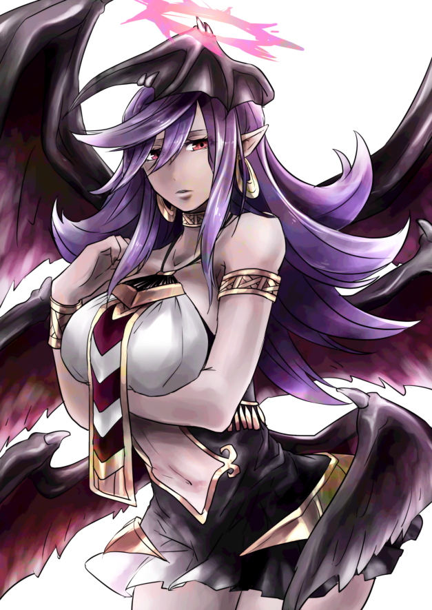 1girl angel_wings armlet artist_request bare_shoulders bat_wings black_dress black_wings bracelet breast_hold breasts collarbone cowboy_shot dark_skin darklord_ixchel dress duel_monster earrings fallen_angel feathered_wings halo head_wings jewelry large_breasts leaning_forward long_hair looking_at_viewer navel neck_ring parted_lips pointy_ears purple_hair red_eyes solo stomach wings yu-gi-oh!