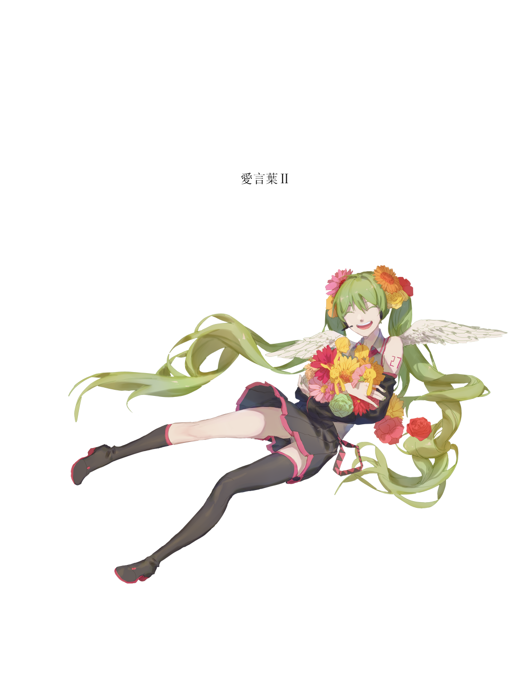 1girl ^_^ ai_kotoba_ii_(vocaloid) bangs black_boots black_skirt boots bouquet closed_eyes collared_shirt copyright_name detached_sleeves facing_viewer feathered_wings flower full_body green_hair grey_shirt hair_between_eyes hatsune_miku headset highres holding holding_bouquet knee_boots kneehighs long_hair long_legs mismatched_legwear open_mouth pleated_skirt shirt shoulder_tattoo simple_background single_kneehigh single_thighhigh sitting skirt sleeveless sleeveless_shirt smile solo song_name spencer_sais tattoo teeth thigh-highs thigh_boots vocaloid white_background white_wings wings