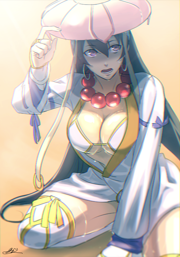 1girl adjusting_clothes adjusting_hat arm_support bead_necklace beads bikini black_hair breasts bridal_gauntlets cleavage earrings fate/grand_order fate_(series) gradient gradient_background hat jewelry large_breasts long_hair looking_to_the_side necklace open_mouth oui_lion prayer_beads ribbon-trimmed_sleeves ribbon_trim shaded_face signature solo sweat swimsuit thighs xuanzang_(fate/grand_order)