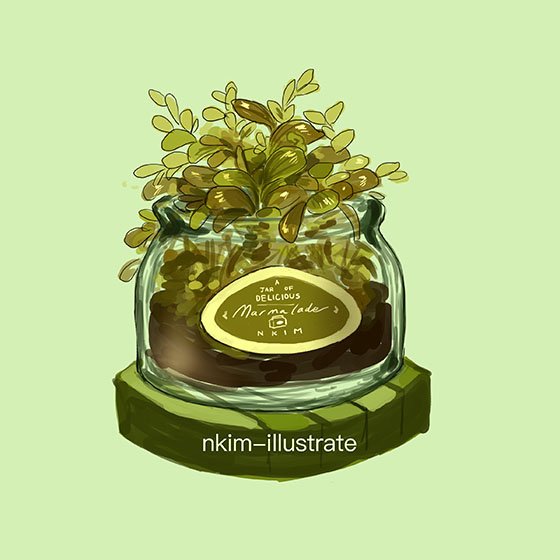 artist_name english green green_background jar label nadia_kim original plant see-through