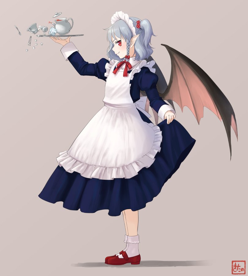 1girl alternate_costume apron bow braid commentary_request cup dress dress_lift enmaided full_body grey_hair hair_bow kitano_(kitanosnowwhite) lifted_by_self maid maid_headdress one_side_up pointy_ears red_bow red_eyes remilia_scarlet side_braid simple_background solo spilling spoon standing sugar_cube tea teacup teapot touhou tray