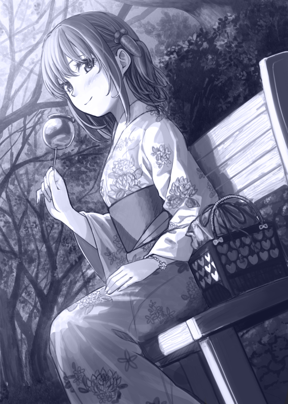 1girl bangs bench blue blush candy_apple carrot_hair_ornament closed_mouth dutch_angle floral_print food food_themed_hair_ornament hair_between_eyes hair_ornament hand_up japanese_clothes kimono legs_together looking_at_viewer monochrome obi original outdoors park_bench sash sitting smile solo yoropa yukata