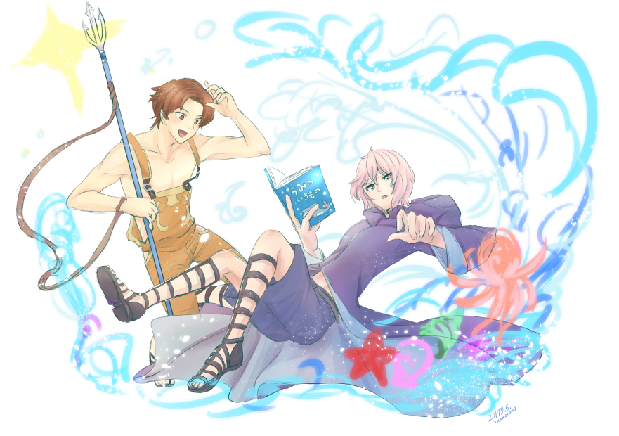 2boys alternate_costume aoi_(xxxaoi) artist_name blush book brown_eyes brown_hair dated fire_emblem fire_emblem_echoes:_mou_hitori_no_eiyuuou fire_emblem_heroes kliff_(fire_emblem) male_focus multiple_boys octopus open_mouth polearm sandals shell simple_background sparkle star tobin_(fire_emblem) trident water weapon white_background white_hair