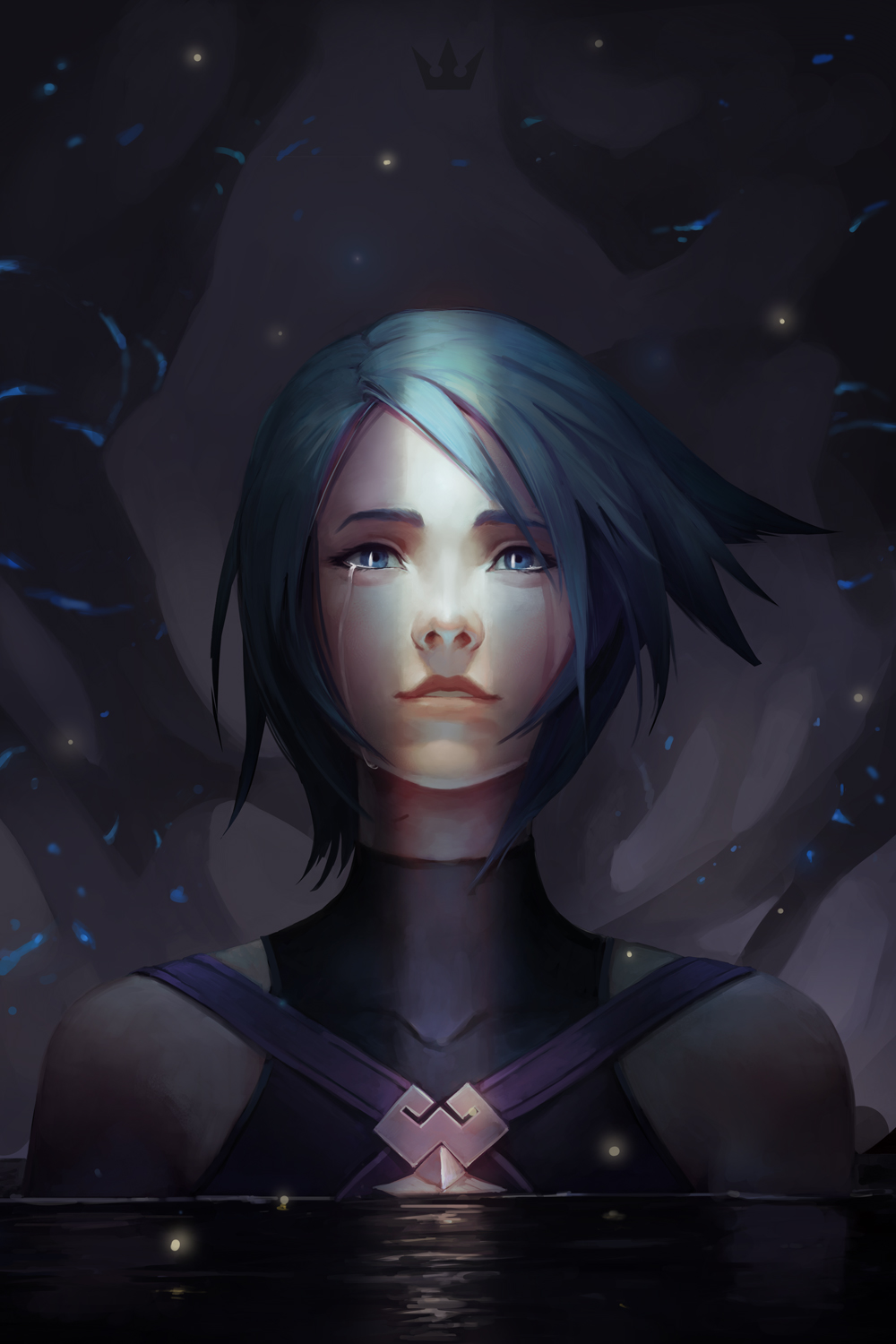 1girl aqua_(kingdom_hearts) blue_hair crying crying_with_eyes_open dark_background highres kingdom_hearts kingdom_hearts_birth_by_sleep looking_at_viewer nikusenpai parted_lips partially_submerged short_hair sleeveless solo tears upper_body water