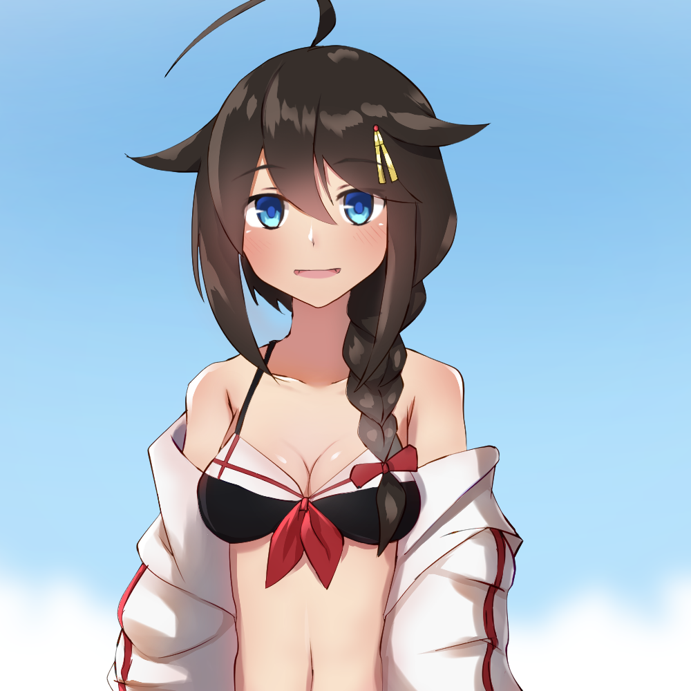 1girl :d ahoge black_bikini_top blue_eyes blush bow braid brown_hair hair_bow hair_flaps hair_ornament hair_over_shoulder kantai_collection lerche long_hair looking_at_viewer off_shoulder open_mouth remodel_(kantai_collection) sailor_bikini sailor_collar shigure_(kantai_collection) single_braid smile solo upper_body