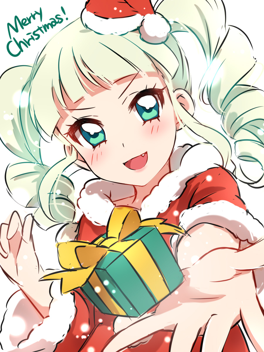 &gt;:d 1girl :d aikatsu! aikatsu_stars! aqua_eyes bangs blunt_bangs blush christmas commentary_request drill_hair fang gift hat highres looking_at_viewer merry_christmas mini_hat open_mouth santa_costume santa_hat sekina short_sleeves simple_background smile solo toudou_yurika twin_drills white_background white_hair