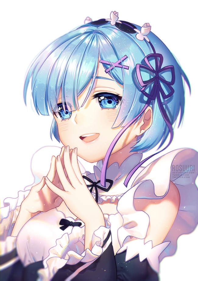 1girl artist_name black_bow black_ribbon blue_eyes blue_hair bow breasts detached_sleeves deviantart_username eyebrows_visible_through_hair eyes_visible_through_hair fingers_together frilled_sleeves frills hair_ornament hair_over_one_eye hair_ribbon looking_at_viewer maid maid_headdress medium_breasts purple_ribbon re:zero_kara_hajimeru_isekai_seikatsu rem_(re:zero) ribbon ribbon-trimmed_clothes ribbon_trim rosuuri short_hair simple_background smile solo tumblr_username twitter_username upper_body watermark web_address white_background x_hair_ornament