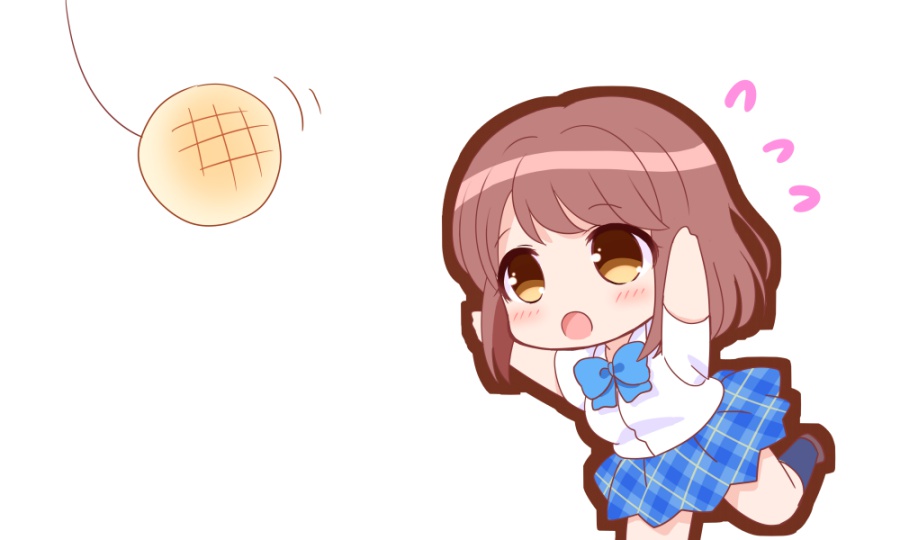 1girl black_legwear blue_bow blue_skirt blush bow bread brown_eyes brown_hair chibi eyebrows_visible_through_hair flying_sweatdrops food girlfriend_(kari) kneehighs looking_away melon_bread open_mouth plaid plaid_skirt ringo_(nanaprin) shiina_kokomi short_hair skirt solo