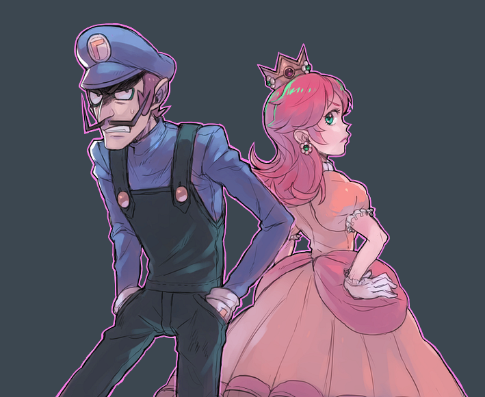 1boy 1girl atsuko_(pixiv2232917) black_pants brown_hair crown dress earrings facial_hair facing_away flower_earrings frown gloves green_eyes hands_in_pockets hands_on_hips hat jewelry long_dress mustache overalls pants pointy_nose princess_daisy puffy_short_sleeves puffy_sleeves purple_hat purple_shirt shirt short_sleeves simple_background standing super_mario_bros. sweatdrop waluigi white_gloves yellow_dress