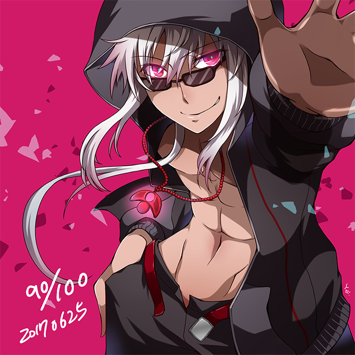 1boy abs belt black_pants dated evo_grim grim_rick hood hoodie jewelry long_hair looking_at_viewer male_focus navel necklace open_clothes open_hoodie pants pink_eyes quiz_magic_academy reaching_out rick_(quiz_magic_academy) smirk solo sunglasses unbuckled_belt unbuttoned white_hair yoji.