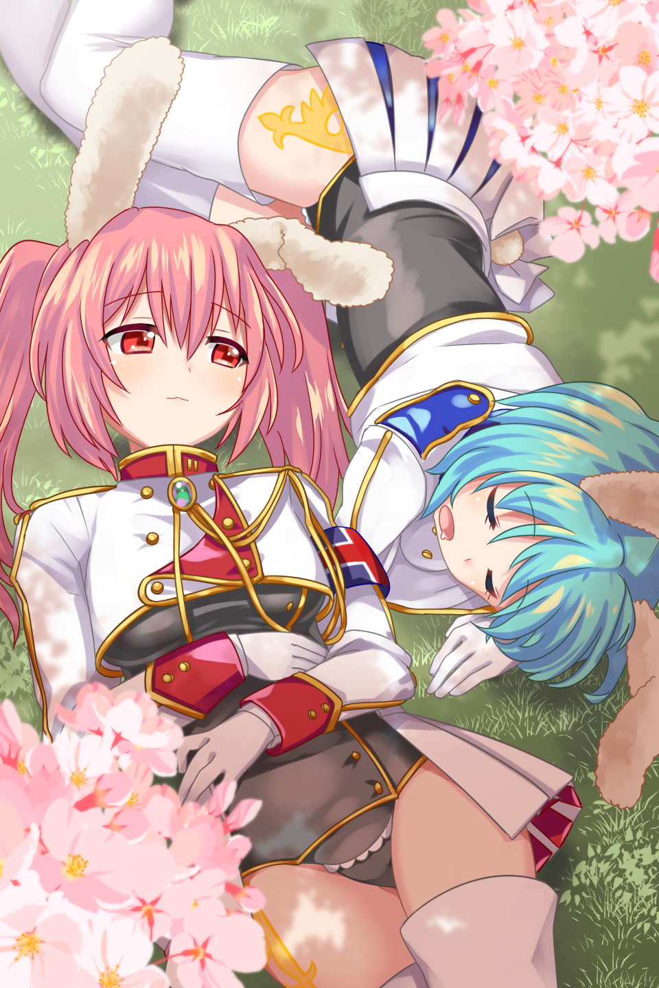 2girls animal_ears armband bangs blue_hair cherry_blossoms chiester410 chiester45 chiester_sisters drooling gloves grass highres kamaboko_red light_smile long_hair looking_at_another lying multiple_girls on_back pink_hair rabbit_ears red_eyes short_hair showgirl_skirt sleeping thigh-highs twintails umineko_no_naku_koro_ni
