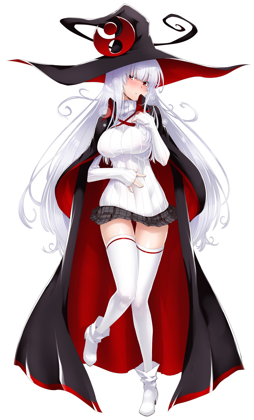 1girl blush boots breasts breath cape evo_grim female full_body gluteal_fold grim_malariya hair_over_eyes hand_on_own_chest hand_on_own_stomach hat hat_ornament highres large_breasts long_hair looking_at_viewer miniskirt nose_blush official_art pleated_skirt quiz_magic_academy red_eyes ribbed_sweater simple_background skirt sleeves_past_wrists standing sweatdrop sweater turtleneck turtleneck_sweater very_long_hair white_background white_boots white_hair white_legwear white_thighhighs witch_hat zettai_ryouiki